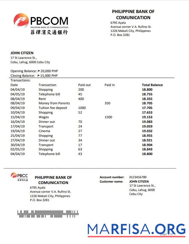 Realistic Philippine Bank of Communications bank statement word template